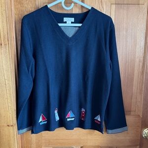 Christopher & Banks Dark Blue V-Neck Sweater with Nautical Accents